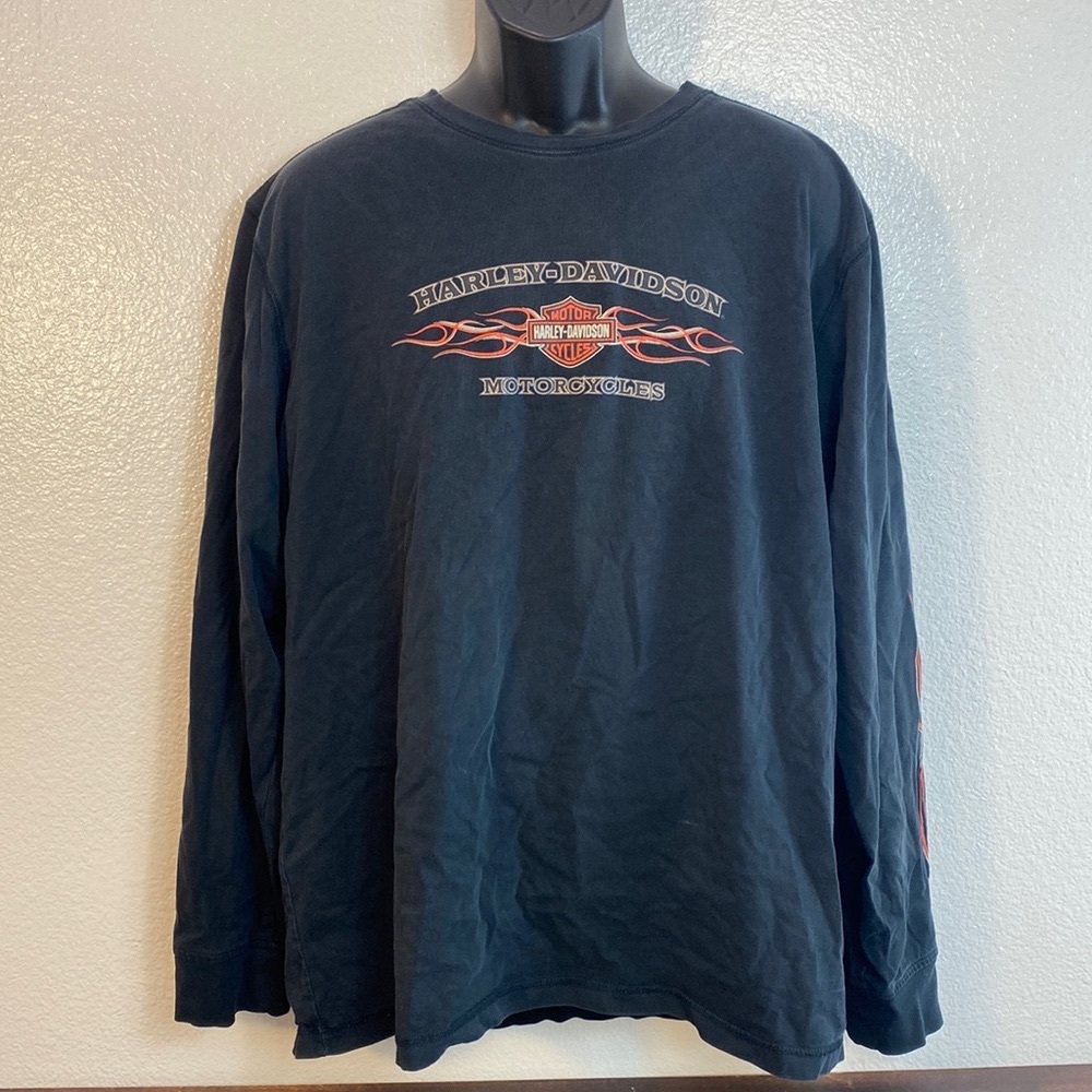 Vintage Harley Davidson Long Sleeve Men's Tee, Black, Orange Print, Men's 2XL